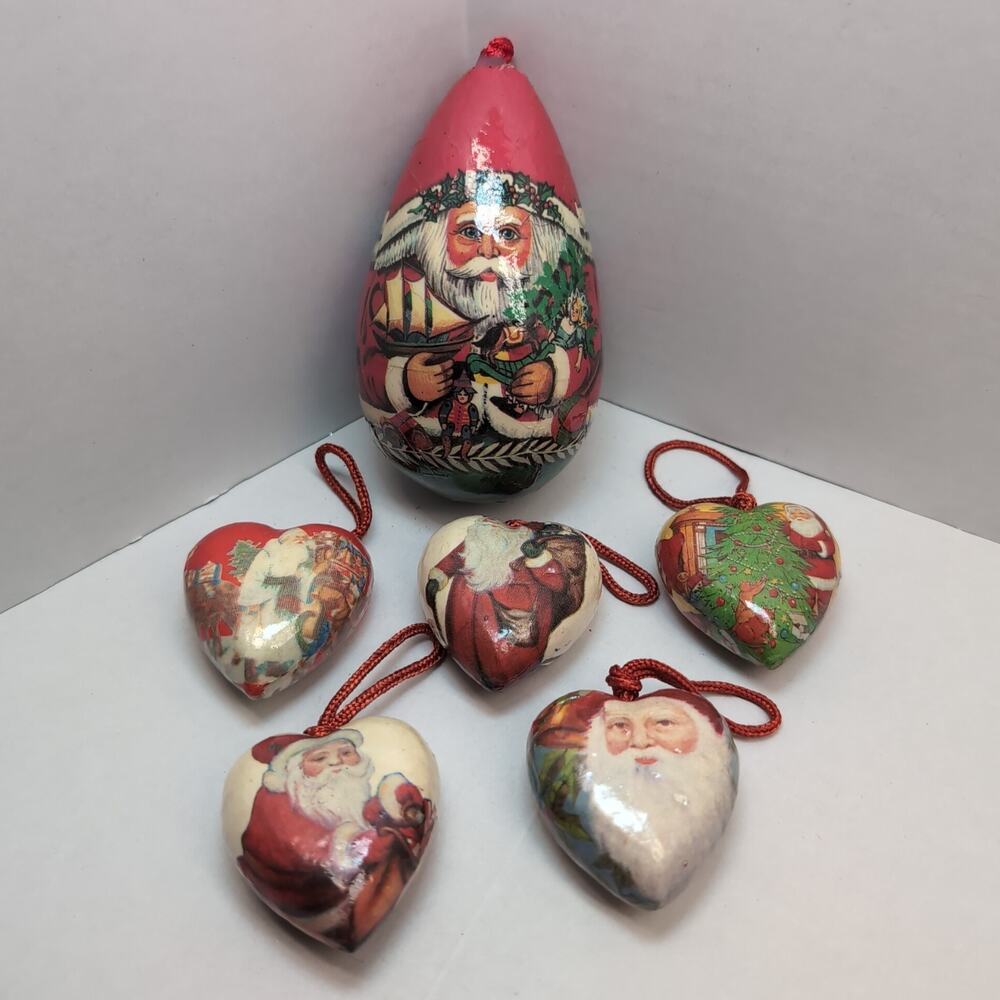 Lot Of 6 Decoupage Paper Mache Christmas Ornaments Victorian Heart Egg Shaped